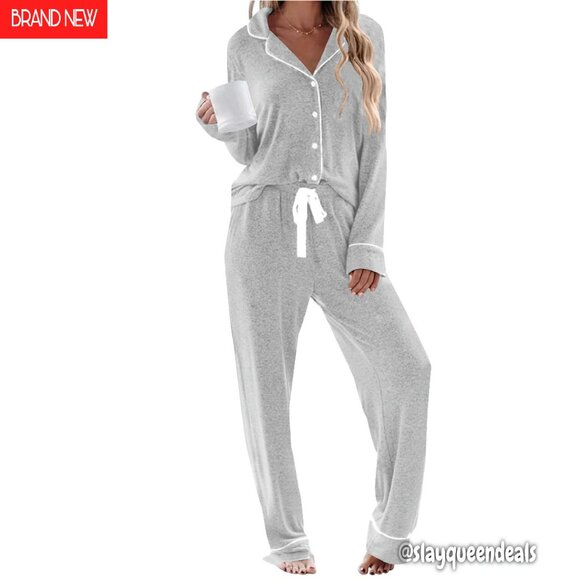 Soft Long Sleeve Pajama Set with Pockets Button Down Shirt & Pants